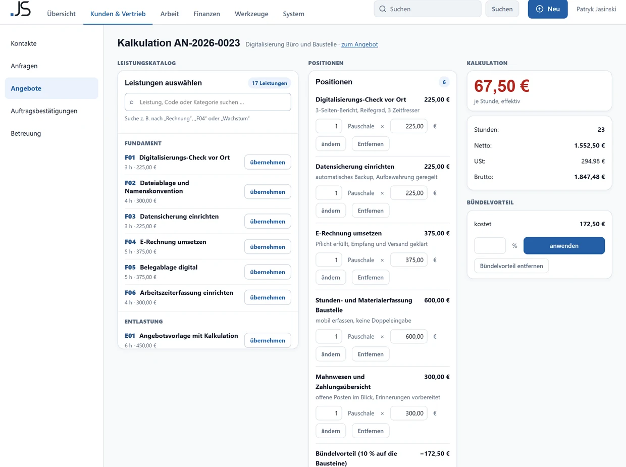 Angebotskalkulation mit Leistungskatalog, übernommenen Positionen und dem effektiven Stundensatz, der bei Unterschreiten der Grenze rot markiert wird